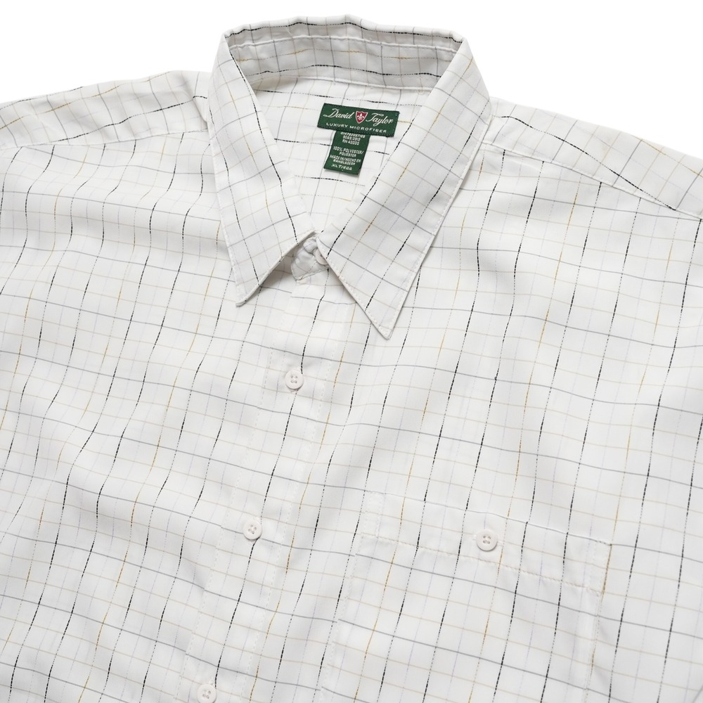 David Taylor Short Sleeve Button Up Mens XLT White Grid Luxury Microfiber‎ Shirt